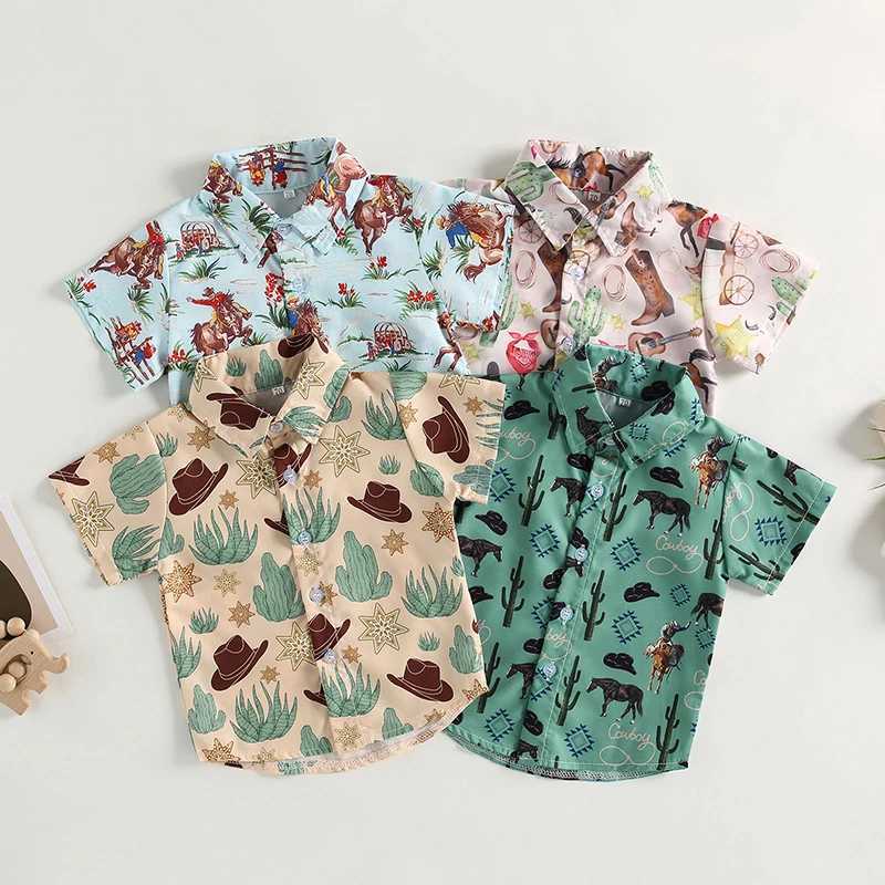 FOCUSNORM 0-4Y Preschool Boys Western Gentlemans Summer Short sleeved Cartoon Cow Printed Button Down JacketW240729