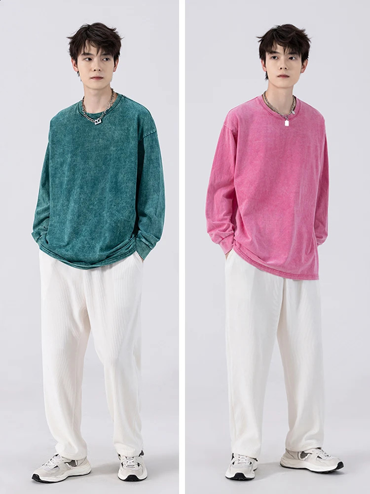 260G Heavy Cotton Washed T Shirt Men Autumn High Street Oversized Tee Korean Stylish Loose Y2K Tops Long Sleeve Tshirts 240820