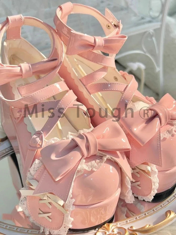 Summer Lovely Bow Strap Lolita Shoes for Women Sweet Bowtie Platform Mary Janes Woman Patent Leather Non-Slip Cute New Flats 240724