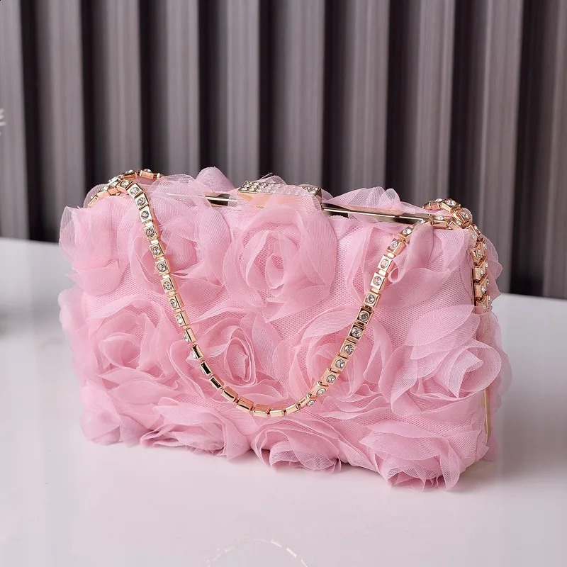 3D Flower Chiffon Evening Handbag Champagne Womens Wedding Dress Purse Diamond Chain White Clutch Soft Fabric Bolso Fiesta Pink 240729
