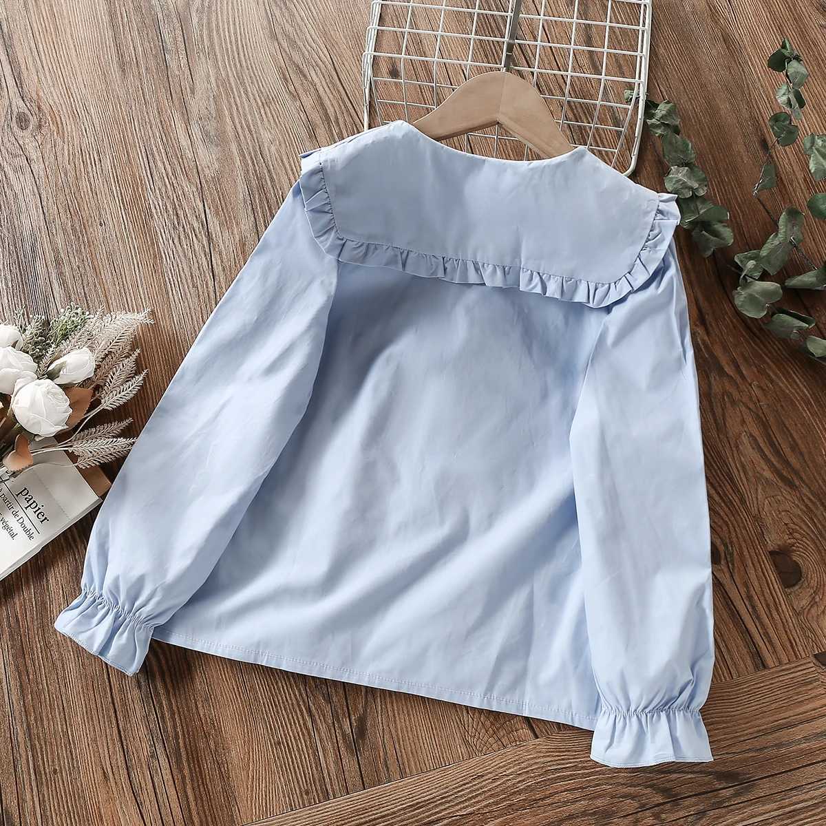 Childrens pleated blue school girl shirt white spring autumn long sleeved youth and childrens clothing 6 8 10 13 years oldW240729