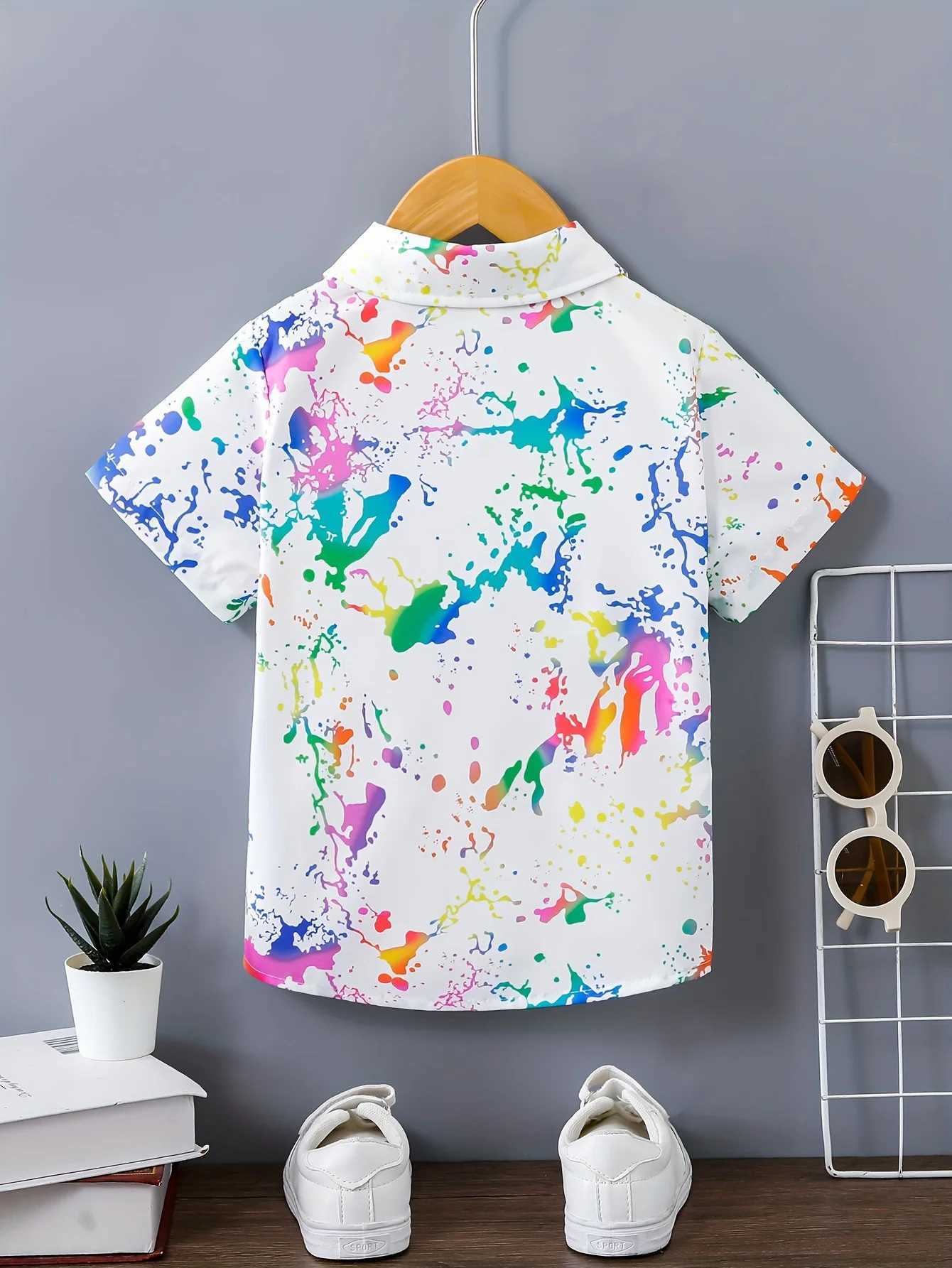 Colorful splash ink printing boys creative shirt casual short sleeved lapel shirt top childrens boys summer outdoor T-shirtW240729