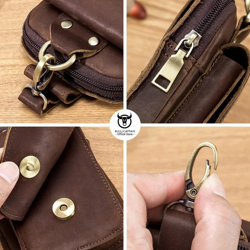 BULLCAPTAIN Mens Genuine Leather Waist Bag Retro Casual 6.7-Inch Mobile Phone Bag Multifunctional Double Layer Waist Bag 240729