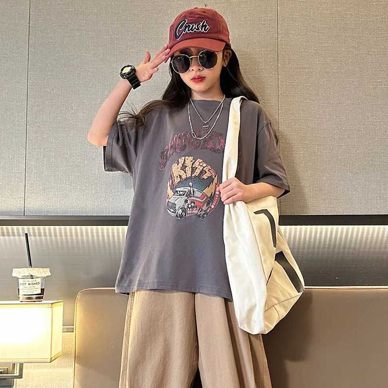 T-shirts New Summer Teens Girls T-shirts Cartoon Print Loose Cotton Tops tee Grey Purple Color Kids Clothes 8 10 12 yearsL24729