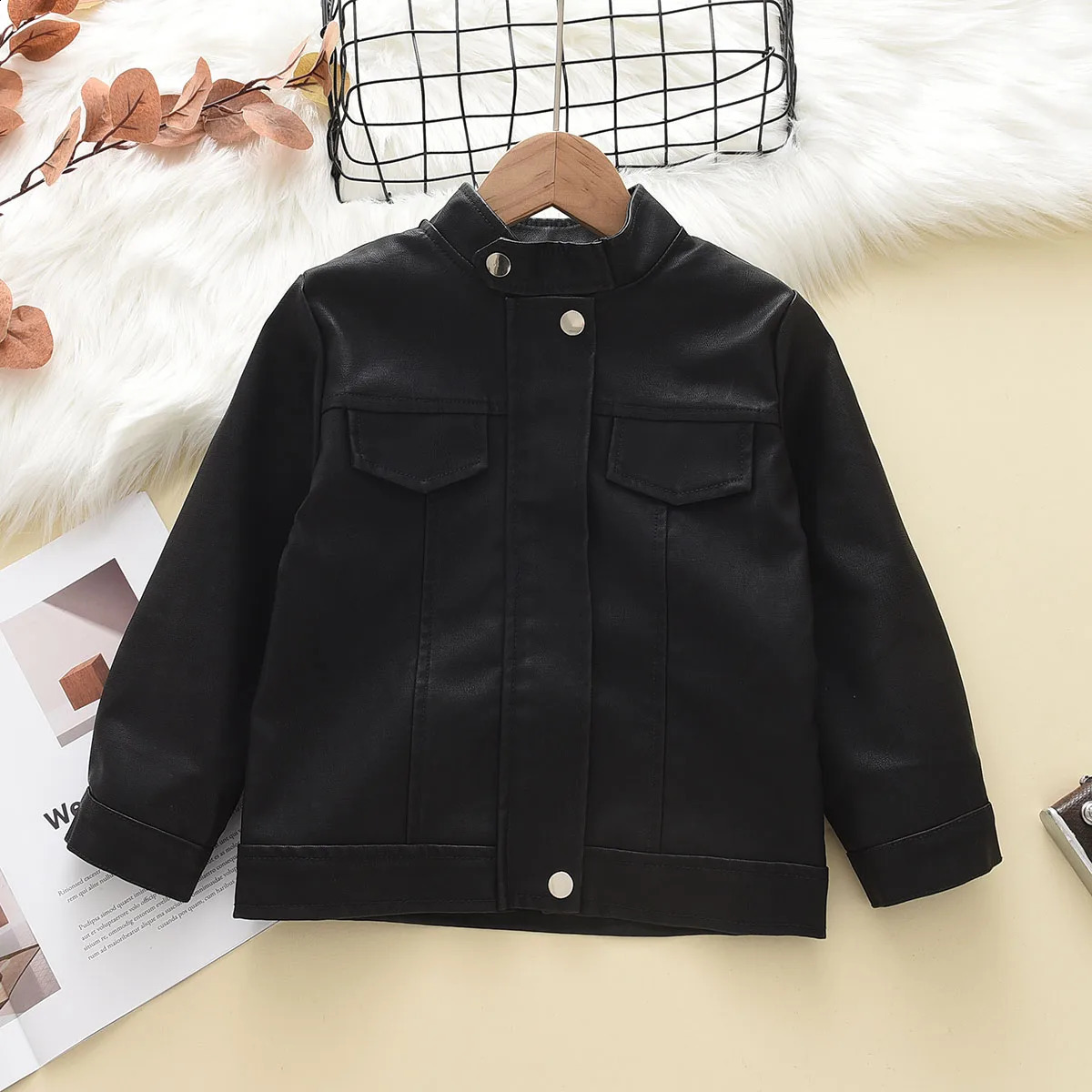 hibobi Toddler Boy Solid Color Casual Fashion Button and Pocket Front Stand Up Collar Zipup Leather Jacket 240723