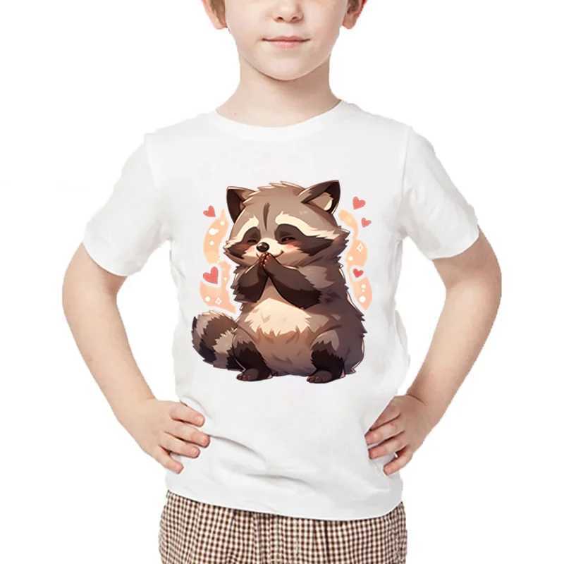 T-shirts Raccoon Print T-shirt Kids Casual Cartoon Style Round Neck Tee Shirt Raccoon Heart Pattern Summer Short Sleeve Boy Girl TshirtL24729