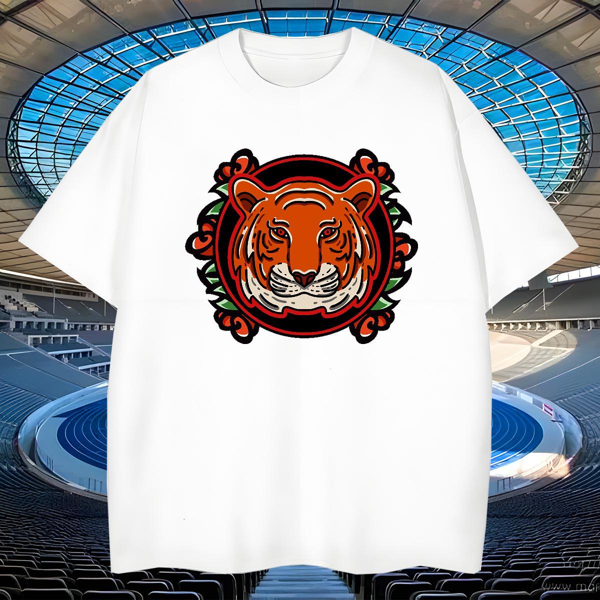 Loose Tshirts 230g Cotton Daily Outfit tiger Cartoon Printing L-4XL Breathable Short Sleeve New Arrival T Shirts Men Clothings