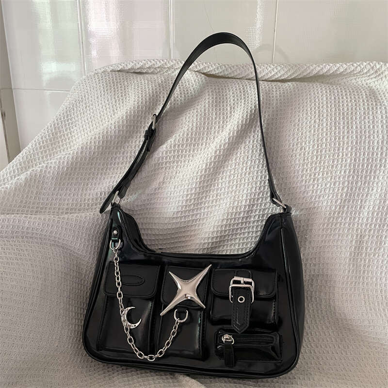 MBTI Y2k Womens Shoulder Haruku Fashion Gothic Casual Black Chains Handbag Hot Girls Pu Leather Ladies Motorcycle Bag Sac
