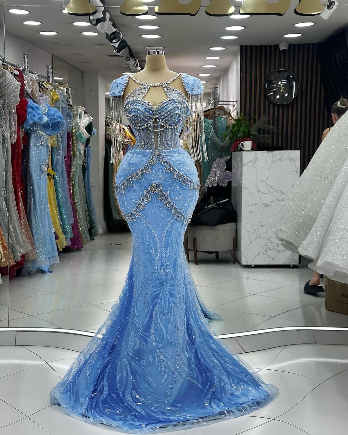 2024 Plus Size Sky Blue Mermaid Prom Dress Lacefull Promdress Beadings Crystals Evening Formal Party Second Reception Birthday Engagement Gowns Dresse