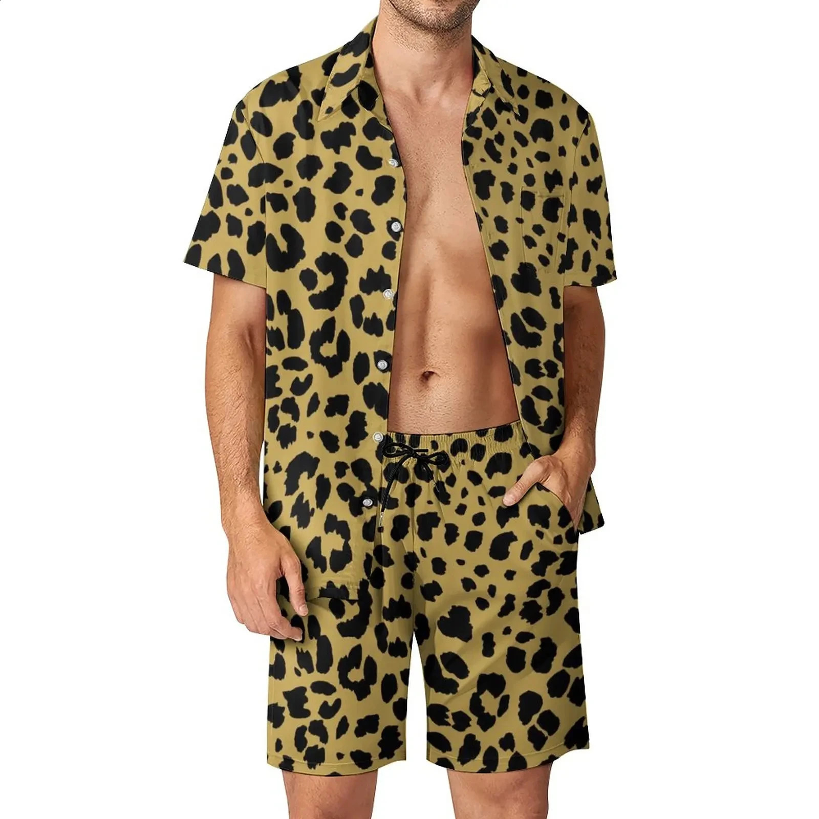 Men Casual Fashion Leopard Shirt Sets 3D Printed Short Sleeves Shirts Oversized Beach Shorts Hawaiian Streetwear Suits Clothing 240729