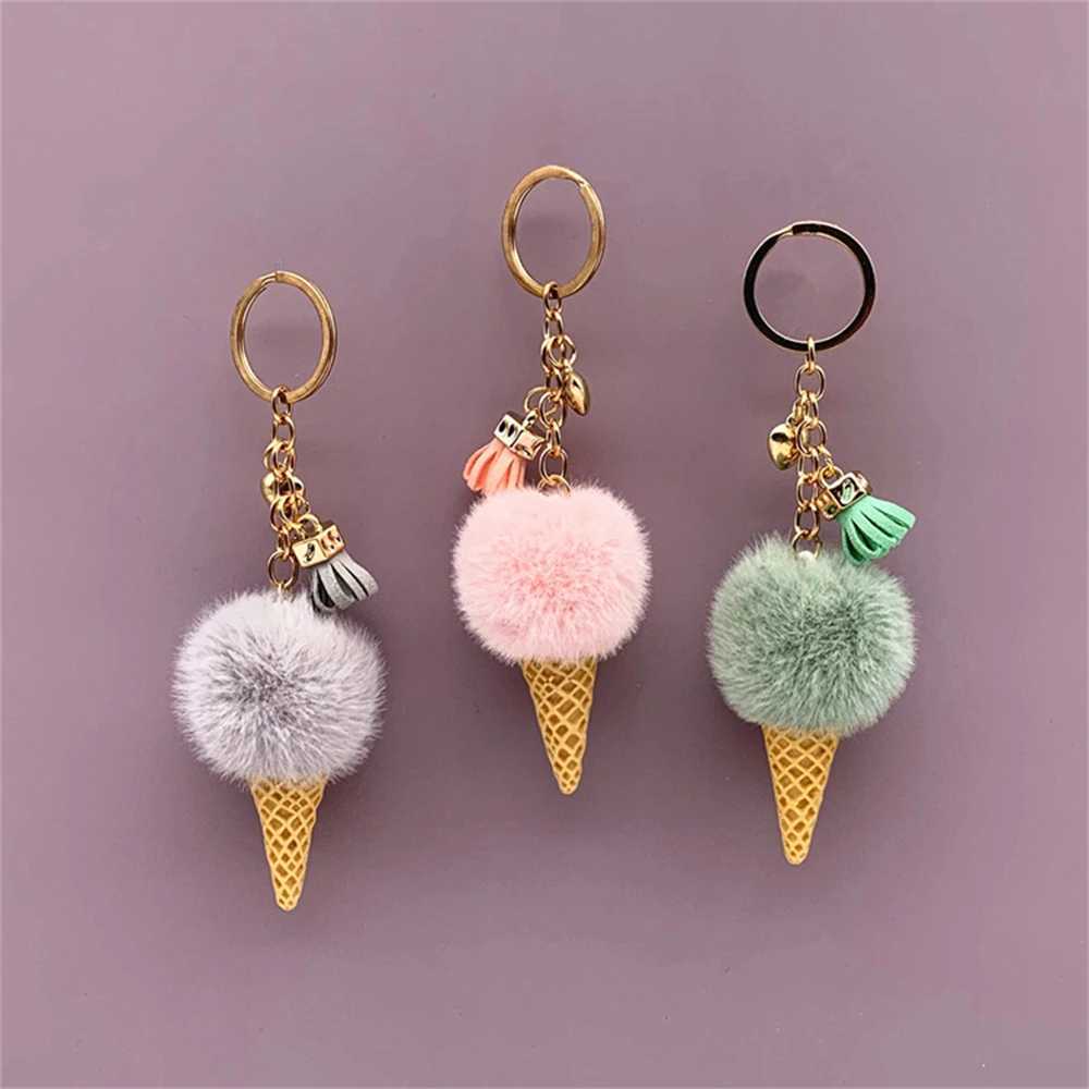 1pc Fashion Cute Mini Ice Cream Key Ring With Tassel Student Fluffy Pom Velvet Plush Keychain For Girls Bag Decoration GiftL240729