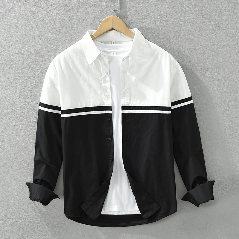 Black White Patchwork Shirt for Men Loose Long Sleeve Shirts Classics All-match Mens Clothing 240729