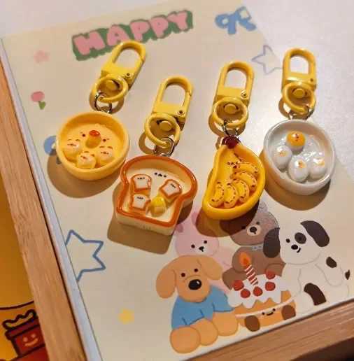 Cute Poached Egg Cheese Pendant Funny Keychain Kawaii Cartoon Simulated Food Key Chain Childrens Key Chains Schoolbag PendantL240729