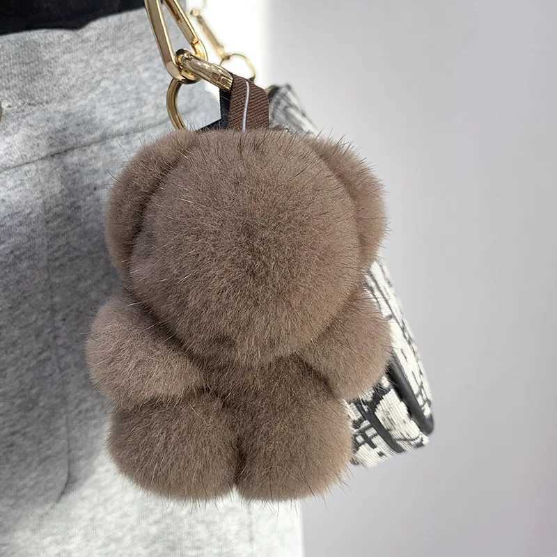 Women Bag Charm Trinkets Car Metal Key Rings Rear View Mirror Ornaments Cute Real Mink Fur Keychain Plush Panda Pendant Kids ToyL240729