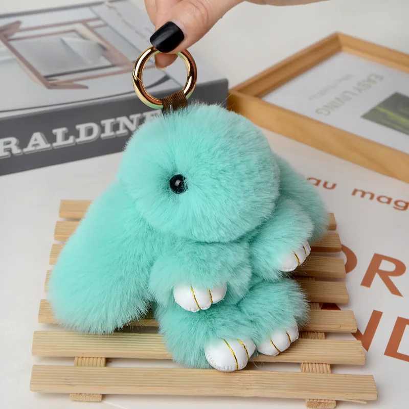 2023 Multicolor Rabbit Keychain Ring Fluffy Real Fur Pompon Bunny Trinket Key Chain Charm Cute Ring On Bag Car Key PendantL240729