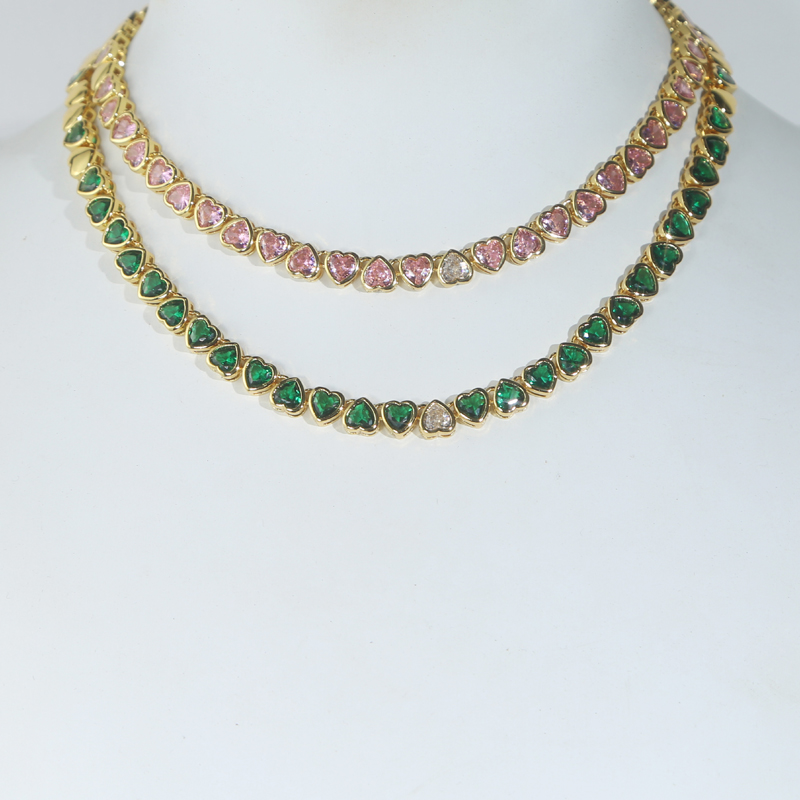Valentine's Gift Bg Iced Heart Cz Choker Necklace for Women, Gold Color, Green Pink White Cubic Zirconia Tennis Jewelry
