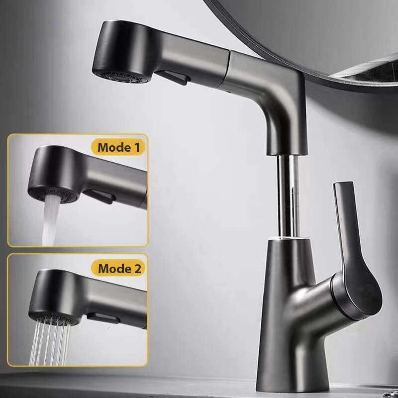Lift 360° Rotatable Bathroom Basin Stainless Steel Kitchen Sink Faucet with Pull Out Sprayer