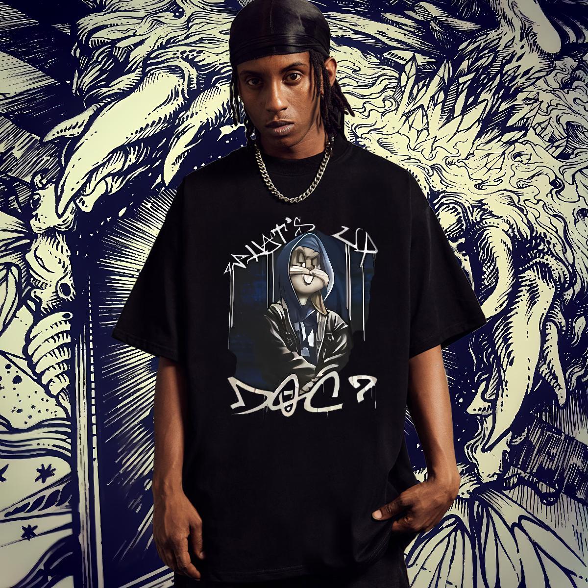Loose Fit Men Tops Tees 230g 100% Cotton Casual Daily Wear rabbit Black White O-Neck Short Sleeve Fashion T-Shirts Tops Shirt