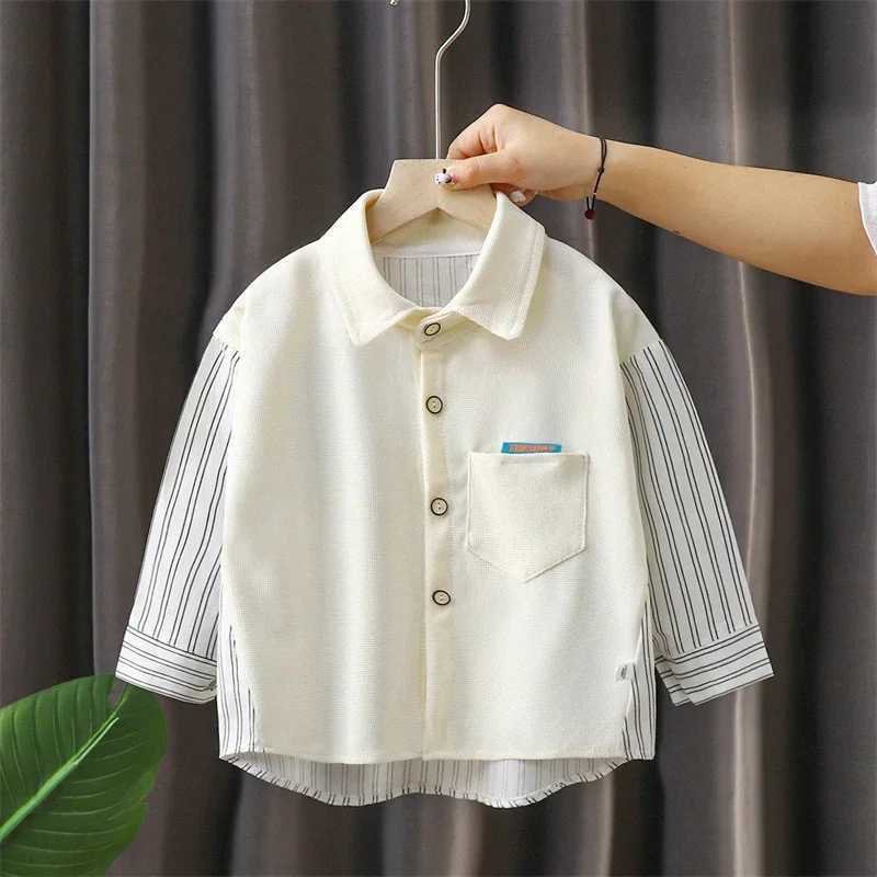 Boys and Childrens Long sleeved Shirt 2024 Spring/Summer New Childrens Jacket Fashion Simple Solid Color Striped Baby ShirtW240729