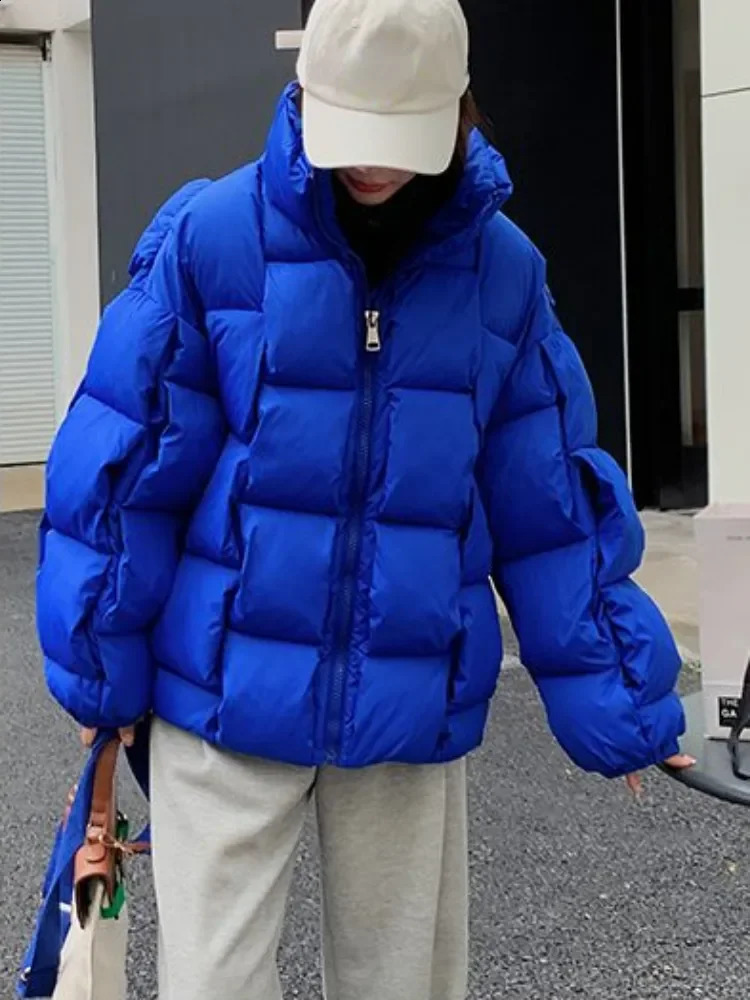 Winter Jacket for Women Three-dimensional Plaid Woven Fashion Coat Solid High Street Warm and Thick Winter Down Jacket 240729