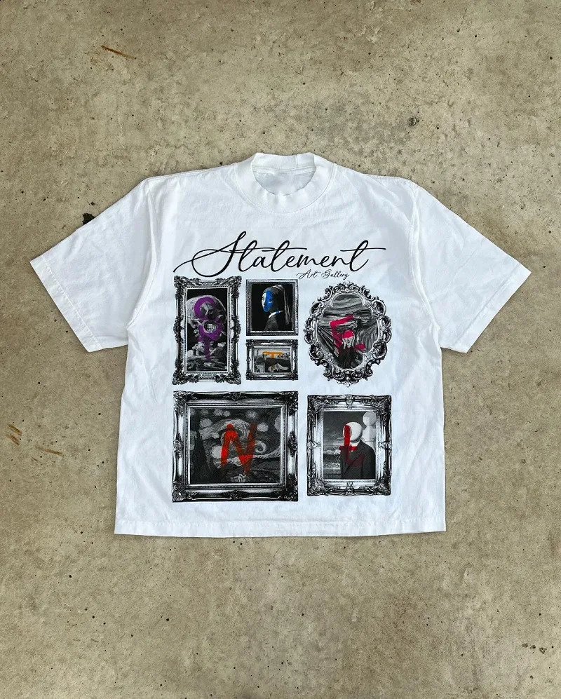 Retro round neck cotton anime printed short sleeved oversized Tshirt for men Y2K Gothic Harajuku casual fashion couple loose shirt 240813