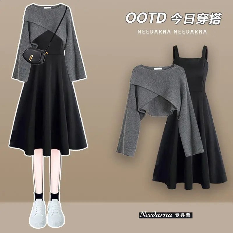 Autumn and Winter Womens Set High end Versatile Knitted Sweater Slim Strap Dress Two Piece 240729