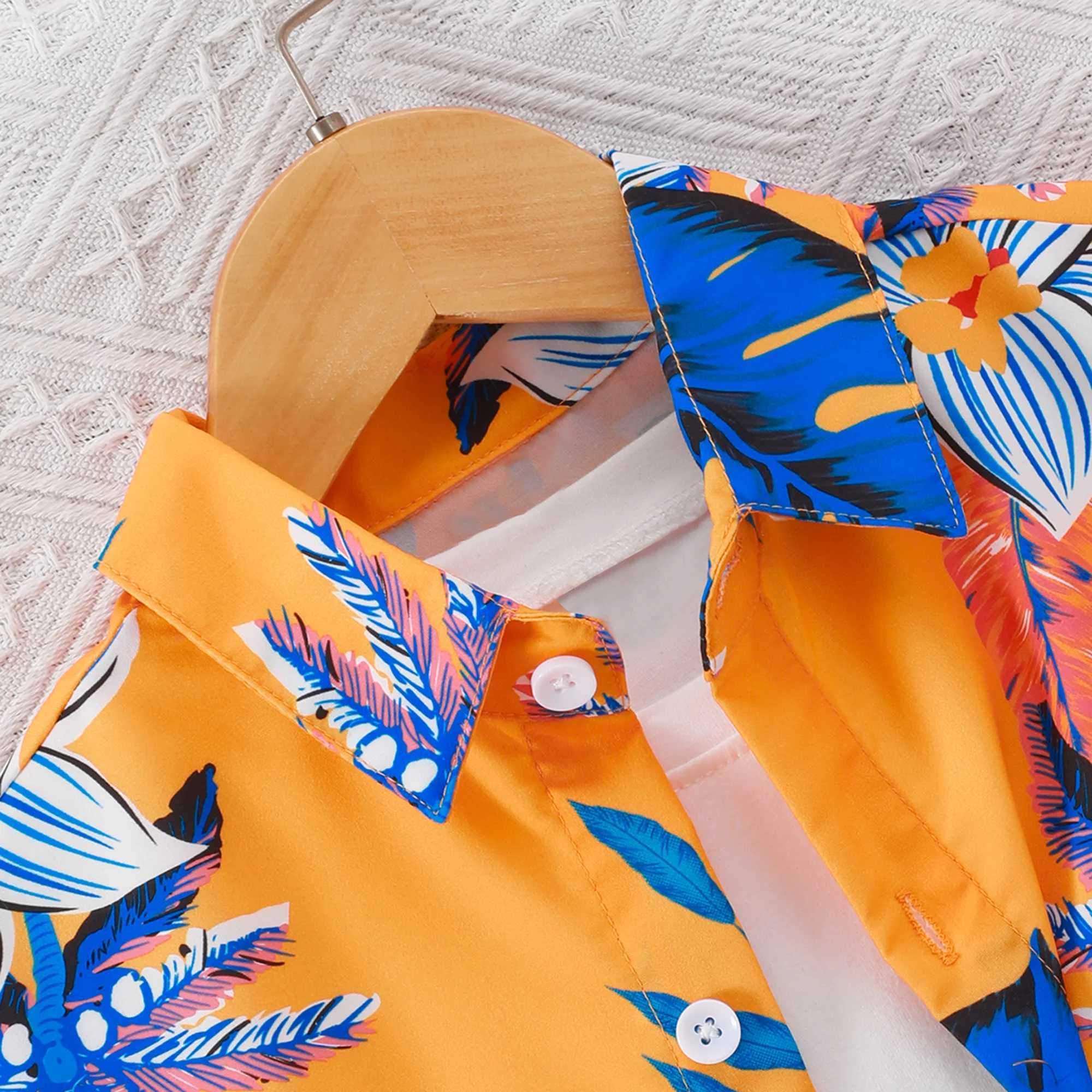 Summer New Childrens Wear Boys short sleeved polo collar print with hat shirt casual vacation style 8 9 10 11 13 14 years oldW240729