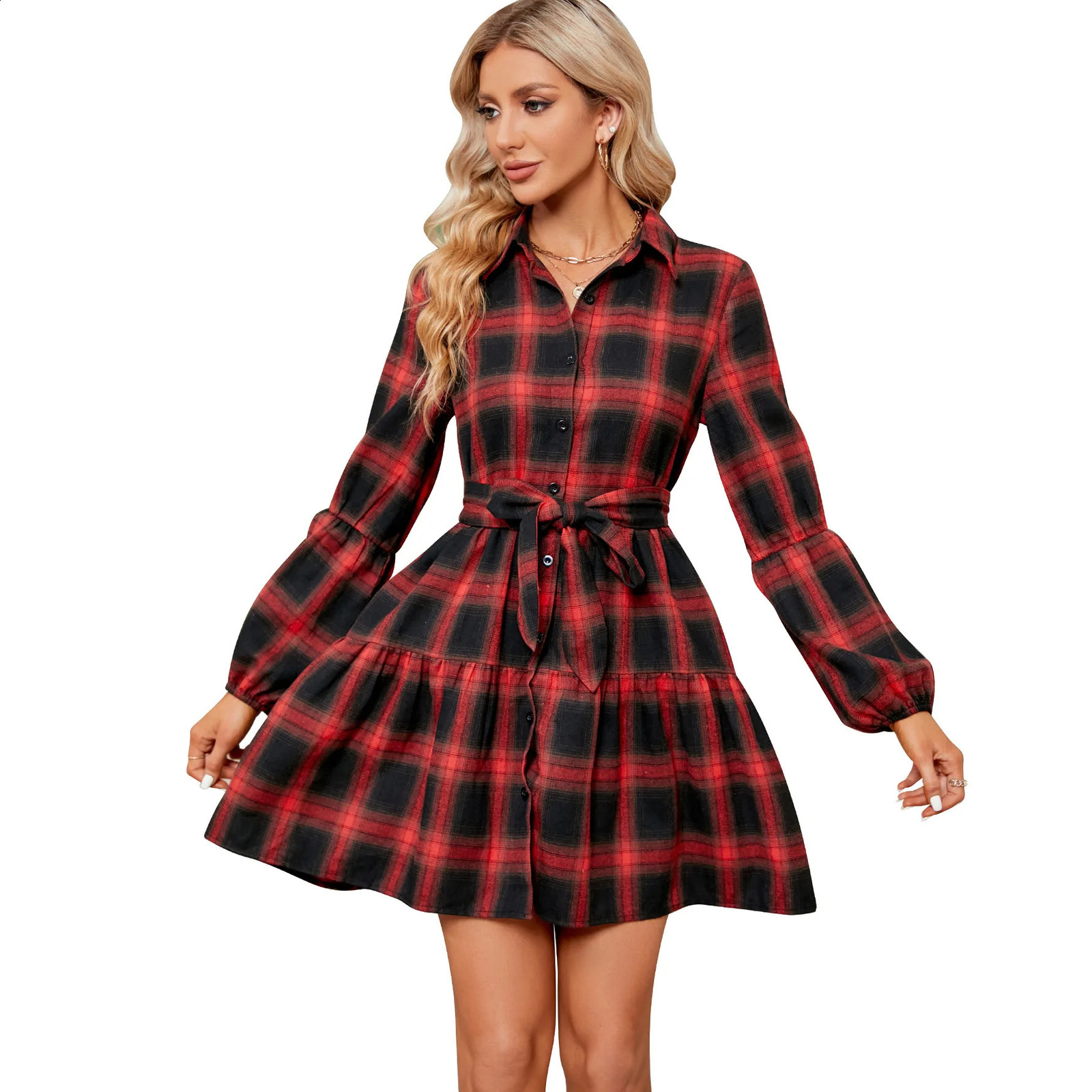 2024 Women Dress Spring Summer Long Sleeve Dress Female Single-breasted Plaid Dress Women Belt Pleated Dress Vintage Clothing 240729