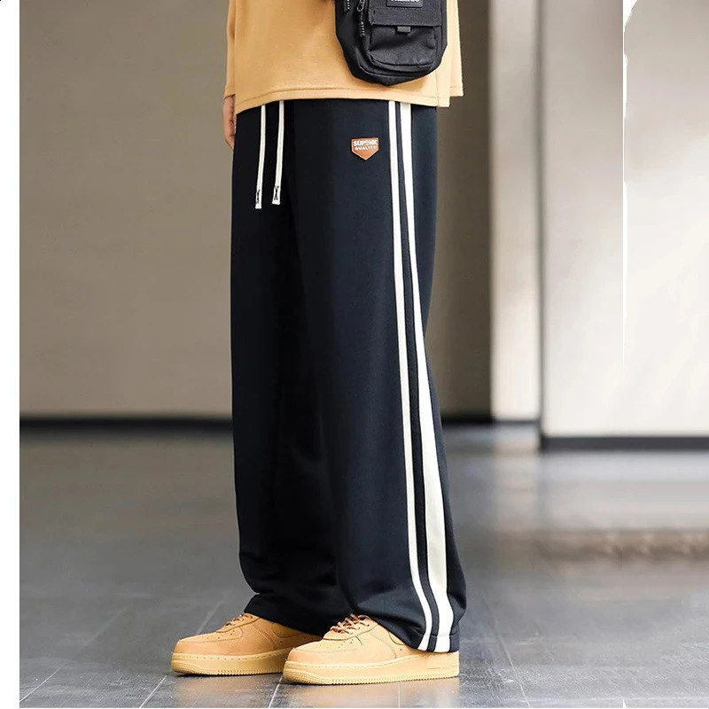 Spring Autumn Elastic Waist Fashion Straight Pants Man High Street Contrast Color Casual Pockets Drawstring All-match Trousers 240822