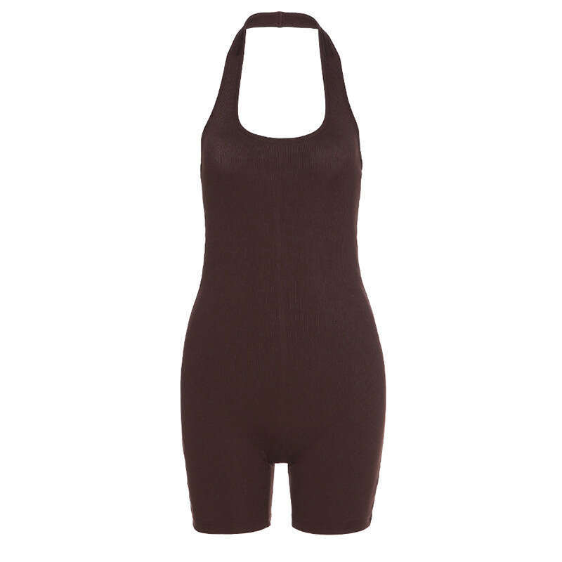 Fashionable Summer Womens Solid Color Hollow Neck Hanging Sexy Slim Fit Backless Jumpsuit Shorts Yoga Top Yoga Jackets for Women Full Zip Long