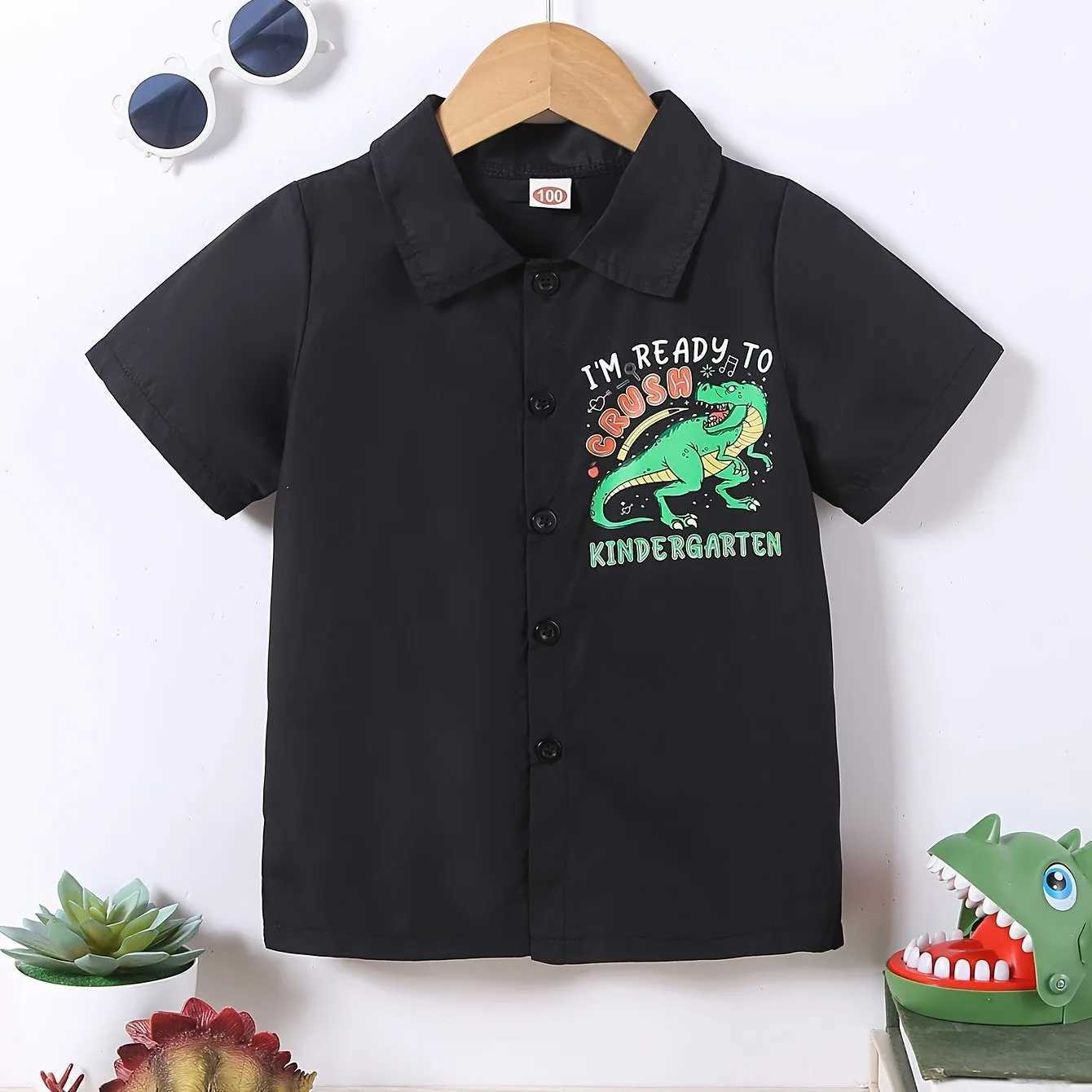 Boys and girls colorful dinosaur and leaf print button down jacket casual and creative childrens short sleeved comfortable summer vacation topW240729
