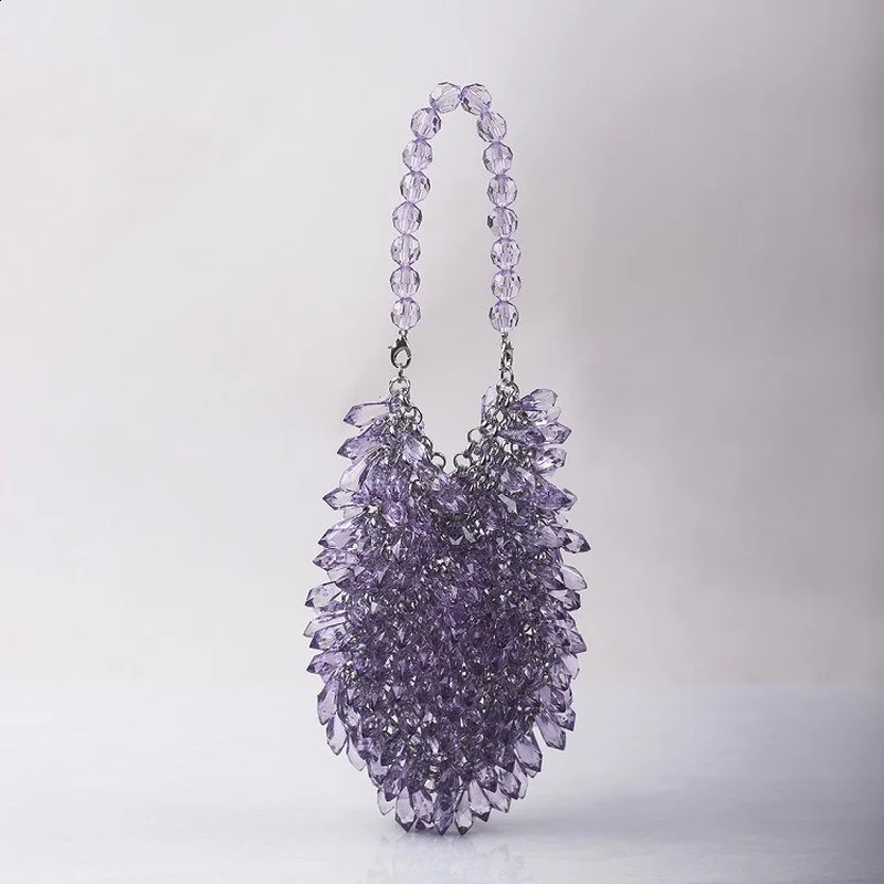 Fashion HandWoven Clear Crystal Acrylic Handbag Green Blue Yellow Handmade Summer Party Small Bucket Purse Evening Beaded Clutch 240729