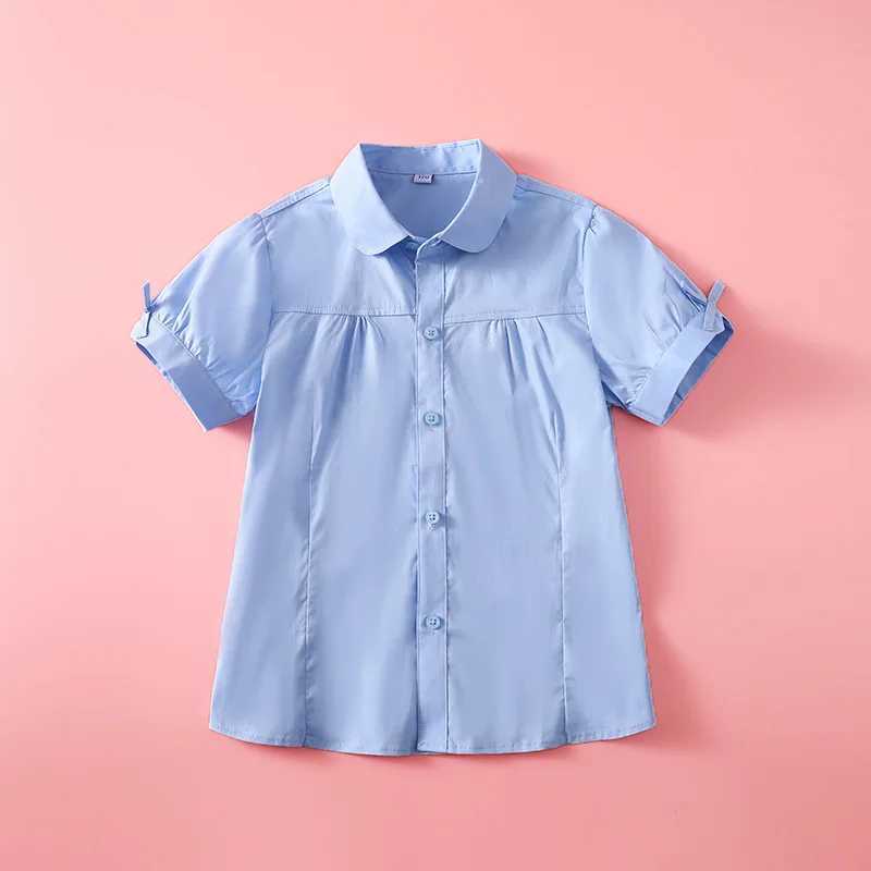 Summer Shirts for Teenage Boys Girls Cotton Short Sleeve White Blouses School Uniform Girls Puff Sleeve Blue Tops 4 8 12 16W240729