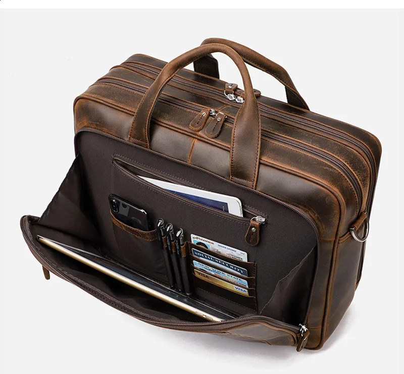 Genuine Leather Briefcase For Man Crazy Horse Leather 17 inch Laptop Business Handbag Cowhide Male Tote Big Shouler Bags 240806