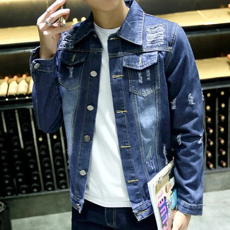 Mens Denim Jacket Slim Fit Ripped Autumn Male Jean Coats with Hole Button Rock One Piece of Fabric Fast Delvery on Board In 240729