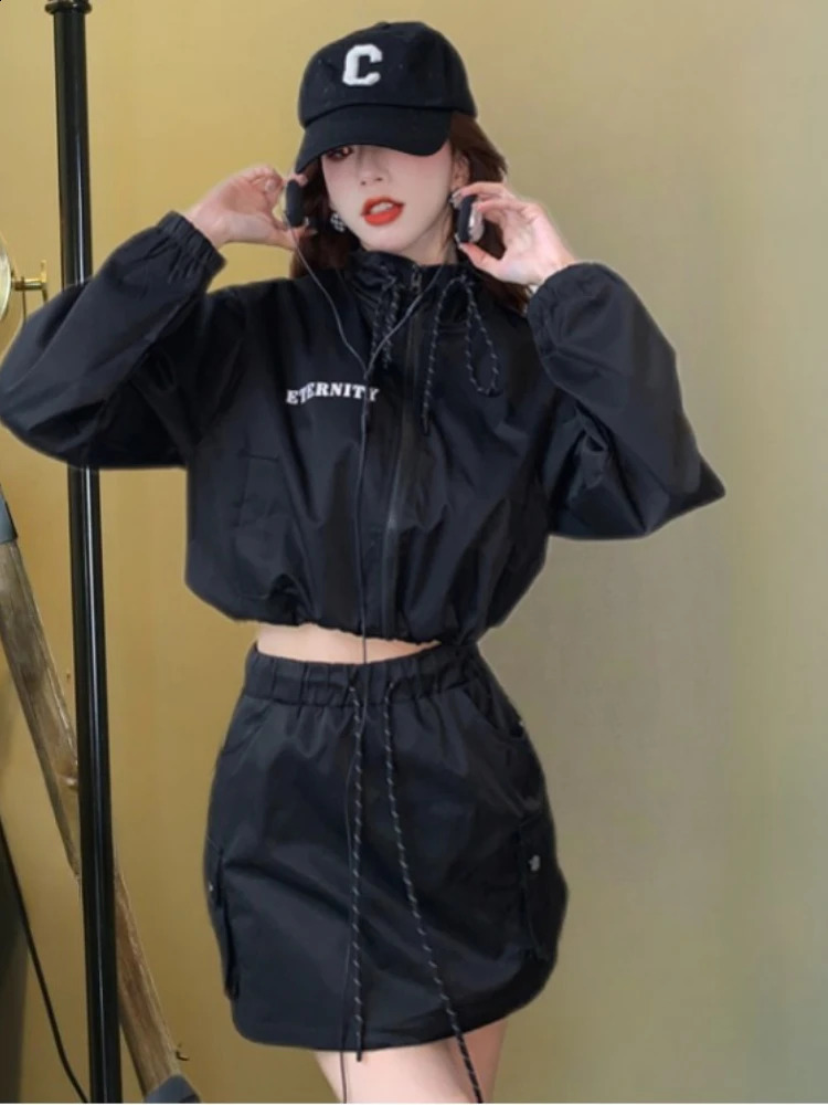 Twopiece Y2k Cropped Zipper Sweatshirt Skirt Black Dress Sets Streetwear Harajuku Girls Sportswear Suits Women Clothing Trends 240729