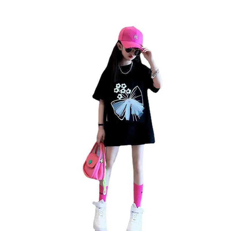 T-shirts Teenagers Girls T-shirt 2023 Summer Girl Short Sleeve Tops Tees Sport Kids School Costume Children Long T-shirts 4-12 Years OldL24729