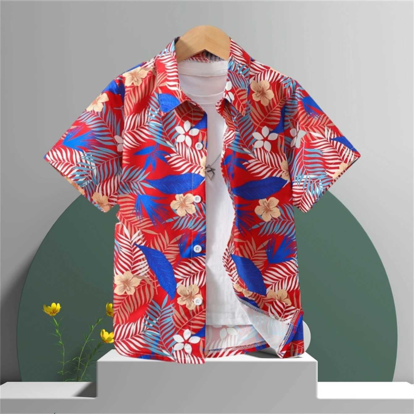 2024 childrens clothing cartoon beach print boys creative shirt casual short sleeved top boys summer childrens shirt T-shirtW240729