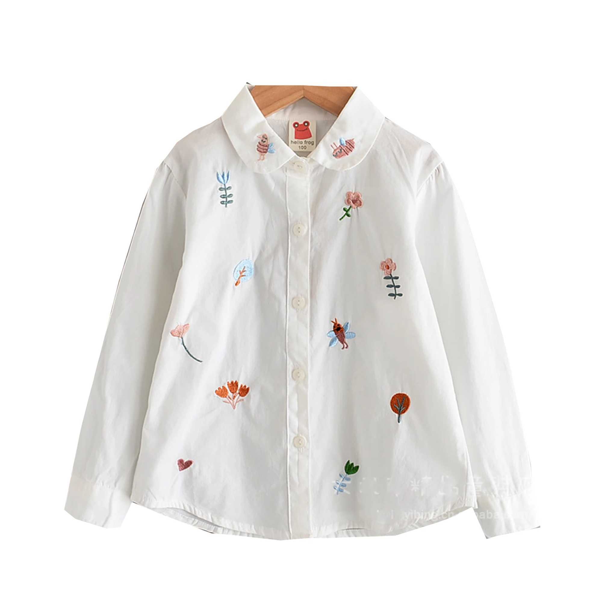 Girls long sleeved white shirt autumn and spring childrens clothing girls 8-12 cartoon fox embroidery top cotton school shirtW240729