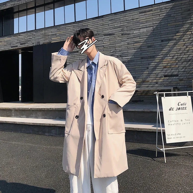 Trendy Medium-length Double-layer Winter Coat Loose Fit Korean Style Casual Trench Overcoat For Men Fashionable Hong Kong Style 240729