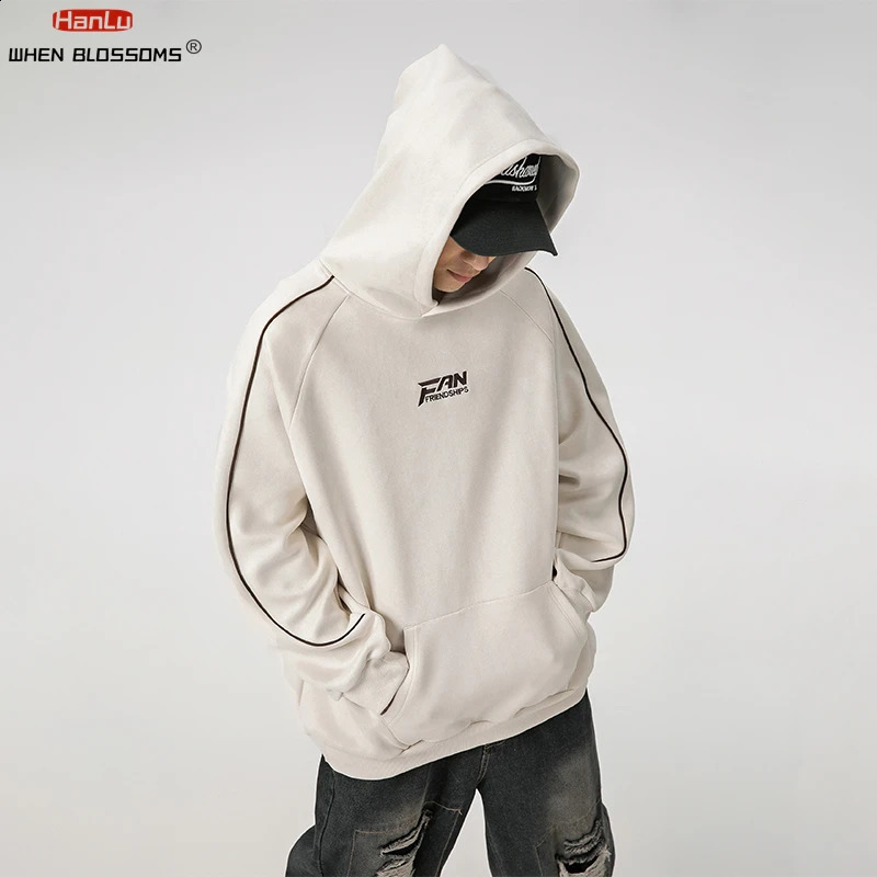 Autumn Winter High Quality Suede Embroidery Hoodie Japanese Streetwear Hip Hop Sweatshirt Men Clothing Korean Fashion pullover 240729