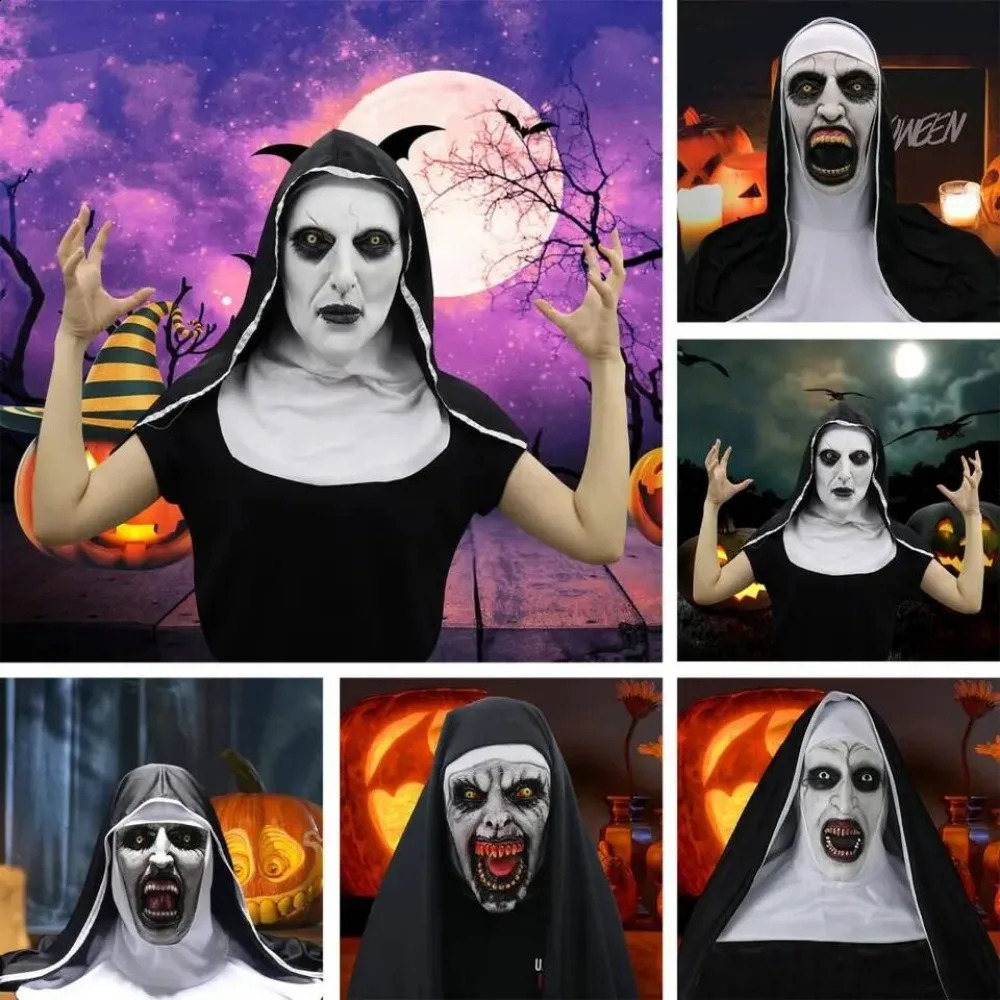 Horror Nun Latex Mask with Head Scarf Cosplay Costume Headgear Halloween Fancy Dress Party Carnival Scary Ghost Nun Mask 240729