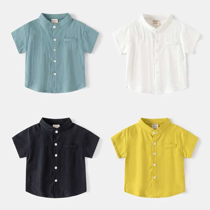 Childrens short sleeved shirt 2024 summer boys V-neck cotton shirt baby casual loose top 2-7-year-old childrens solid color T-shirtW240729