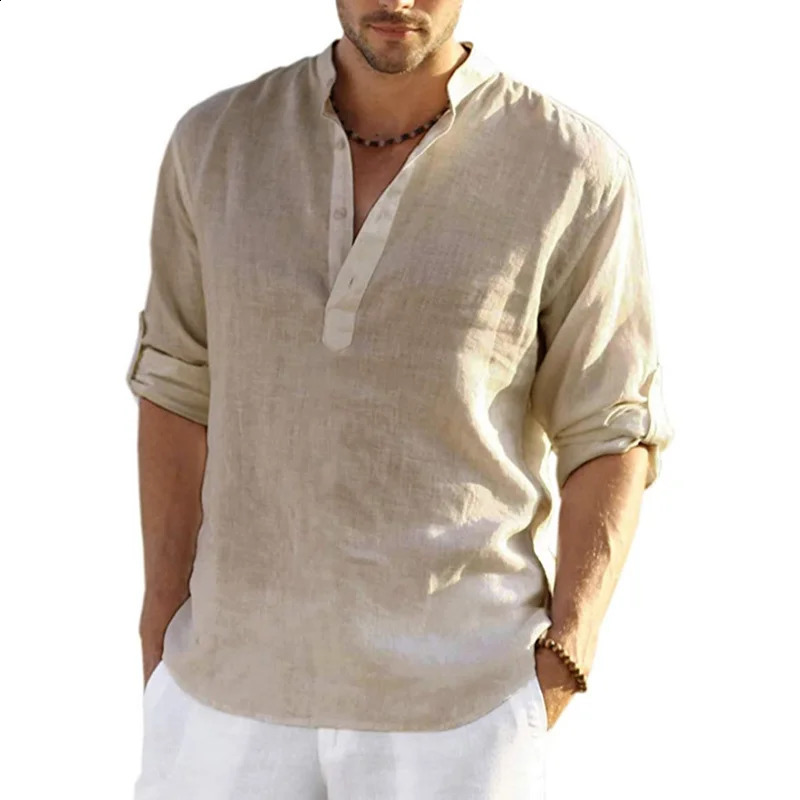 Mens Linen Long Sleeve T-Shirt Solid Color Loose Casual T-Shirt Long Sleeve Cotton Linen Shirt 240729
