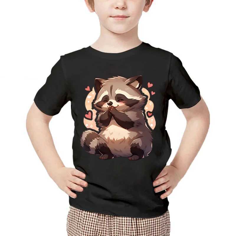 T-shirts Raccoon Print T-shirt Kids Casual Cartoon Style Round Neck Tee Shirt Raccoon Heart Pattern Summer Short Sleeve Boy Girl TshirtL24729