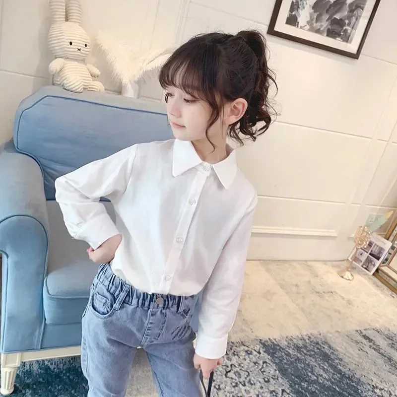 Teen girl cotton white long sleeved shirt childrens lapel school top baby girl solid color top and shirtW240729