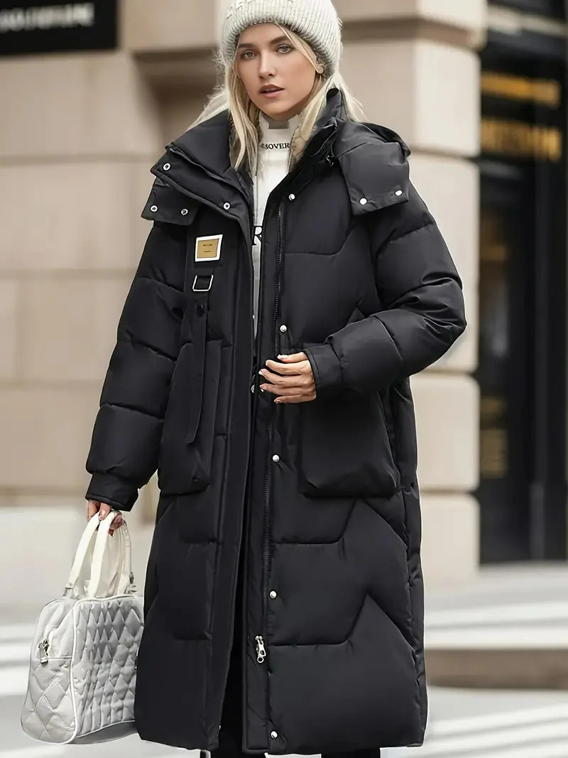 2024 Winter Parka Woman Long Jacket Hooded Detachable Thicken Loose Fur Collar Zipper Pockets Warm Snow Wear Padded Coat 240729