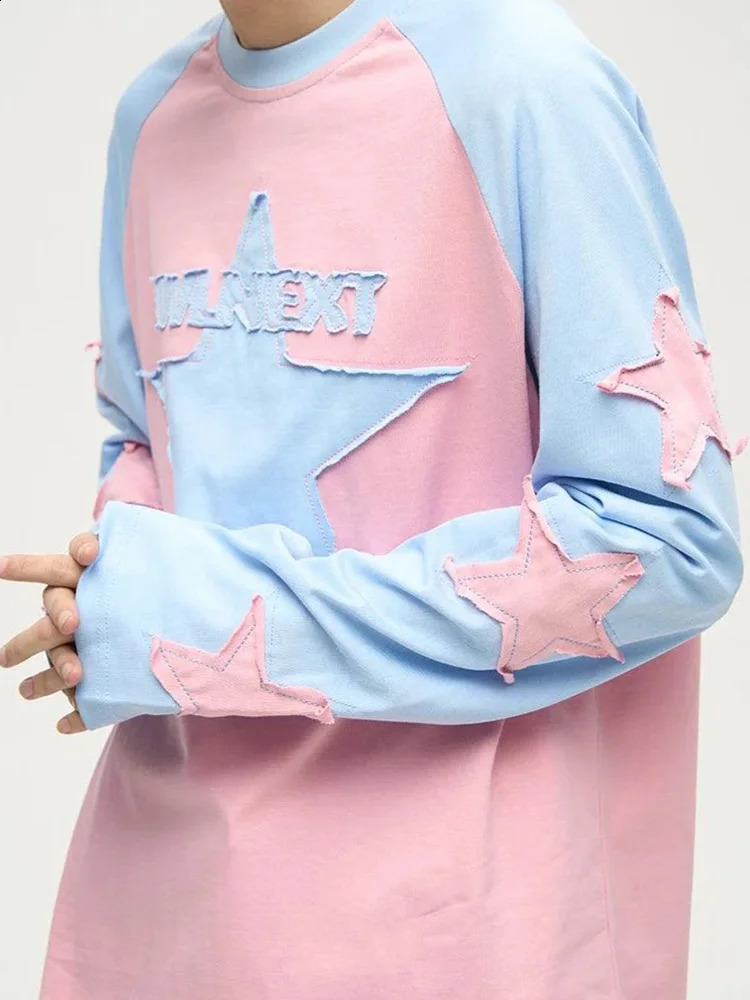 Harajuku Star Embroidery Y2K Pullover Womens Contrast Patch Harajuku Dress Long Sleeve Preppy Long Sports Top 240812