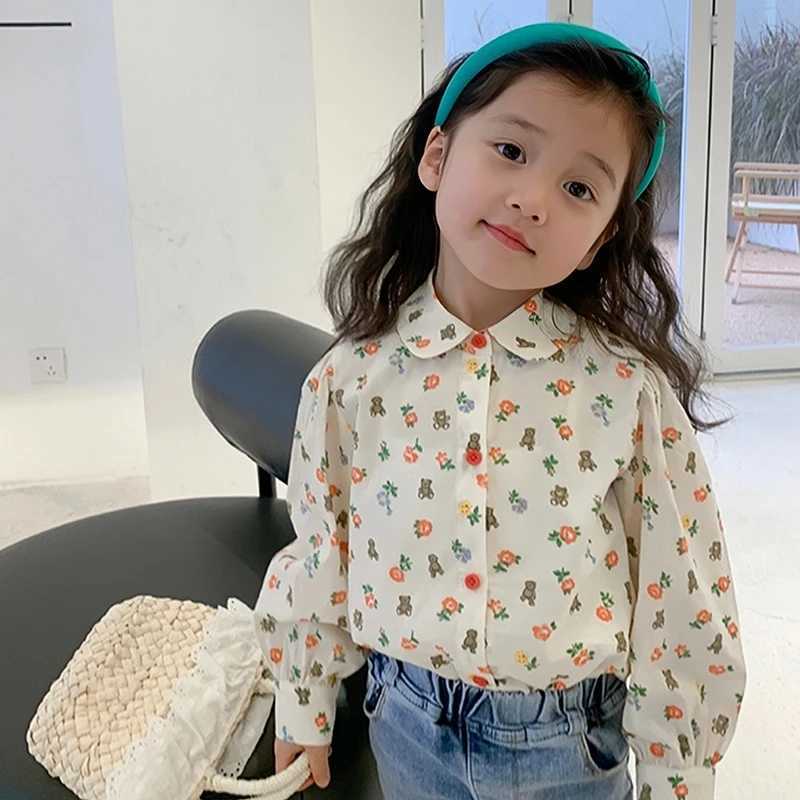 Children girls cotton shirts fashion flowers bear prints childrens and toddler tops long sleeved clothing summer and springW240729
