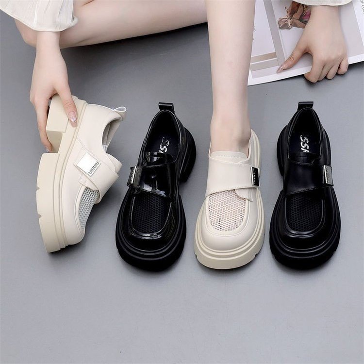 New style thick soled British style color blocked small leather shoes with thick heels, trendy